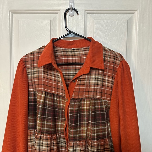 Large No Tags LS Tiered Orange & Brown Plaid Corduroy Mini Dress - Picture 2 of 6
